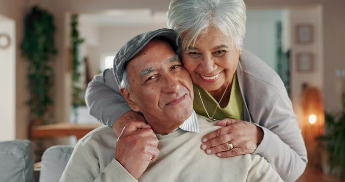 Elderly couple, face and hug in home for support, commitment and love for comfort in lounge. Senior people, sofa embrace and romance in retirement portrait, security and bonding for trust in marriage