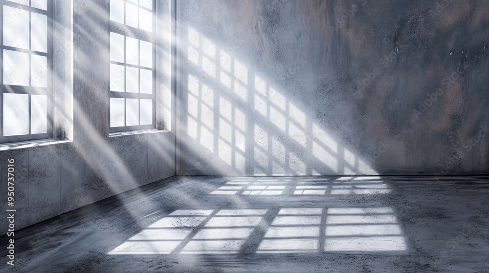 Poster empty room with sunlight rays through windows architecture background interior design