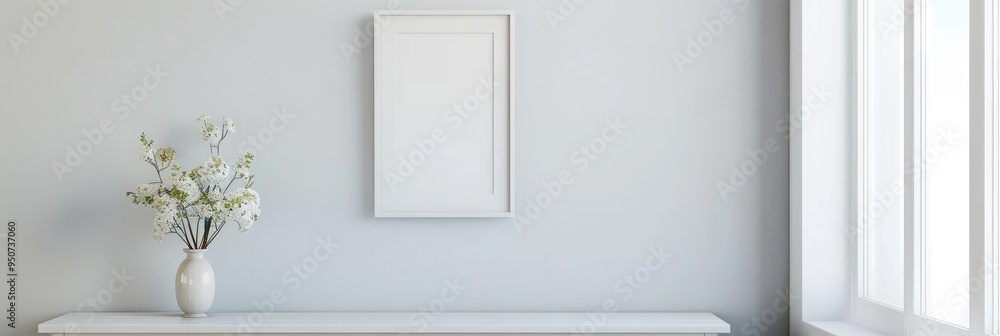 Poster interior setting featuring a table with a flower vase and a picture frame displayed on the wall.