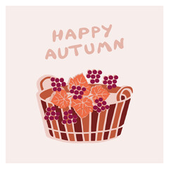 A colorful basket filled with autumn leaves and grapes displays a warm welcome to the harvest season in a cheerful design