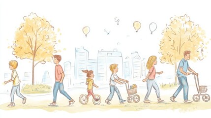 Fototapeta premium Hand-drawn family walking in park with children playing and parents strolling by trees on a sunny day