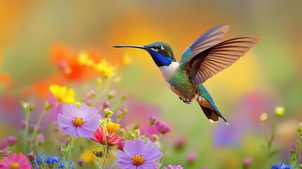 Fototapeta premium Vibrant Hummingbird Flying Over a Field of Colorful Flowers - Captivating Nature Scene in High Resolution
