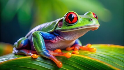 Obraz premium Close up view of a vibrant frog , amphibian, wildlife, nature, green, animal, closeup, colorful, eyes, skin, slimy, wild