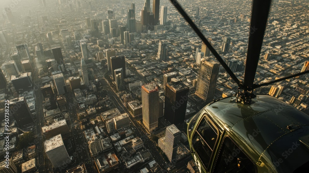 Poster aerial view of a cityscape with a helicopter in the foreground