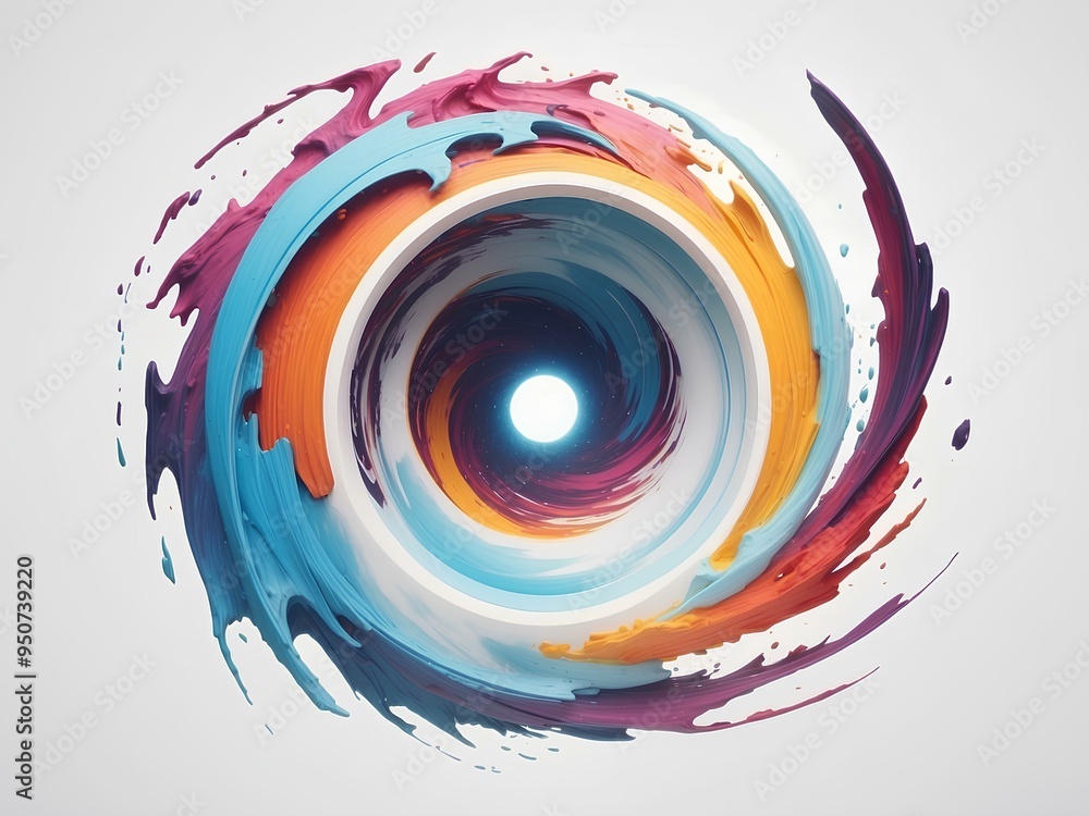 Poster dynamic swirl of vibrant colors creating an energetic spiral effect on a clean white background offe