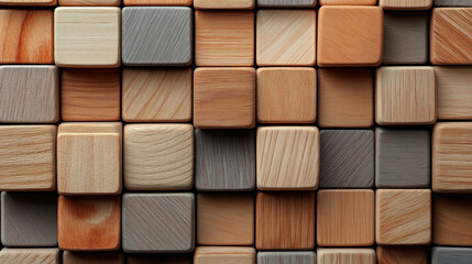 Wooden blocks of different shades of brown background and textures, laid in a geometric pattern. Ideal for backgrounds and design elements.