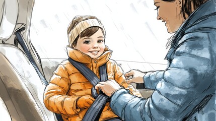 Illustration of a smiling child in a bright orange jacket being buckled into a car seat by a caring parent on a rainy day