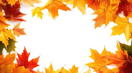 Colorful autumn maple leaves create a vibrant border on a white background, showcasing the beauty of fall in a natural arrangement