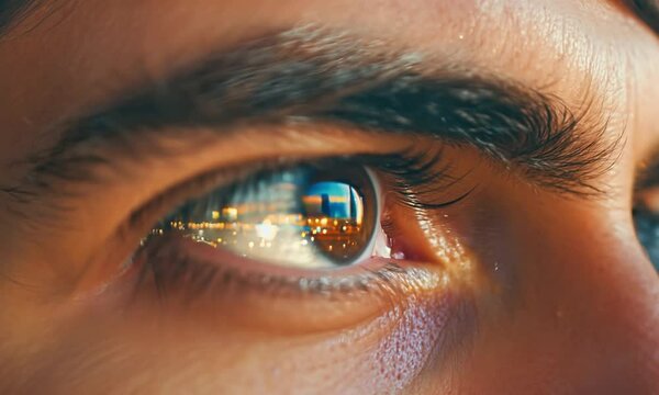 Close-up of a reflective eye with city lights and skyline visible in the pupil, conveying a sense of vision and focus.