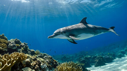 Fototapeta premium A dolphin glides underwater above a vibrant coral reef, illuminated by sunlight streaming through the waterм