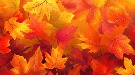 Vibrant autumn leaves in shades of red, orange, and yellow blanket the ground during fall in a serene woodland setting