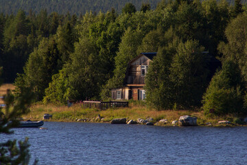 The coastline of the White Sea, in summer, in July, in the Murmansk region, in the north.Tourism, deserted place of rest