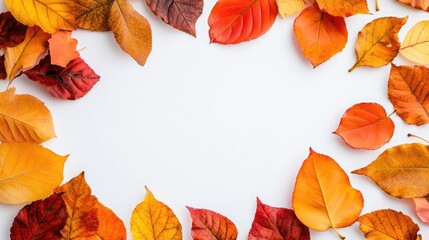 Obraz premium A vibrant arrangement of autumn leaves in warm colors set against a textured, neutral background for seasonal crafting