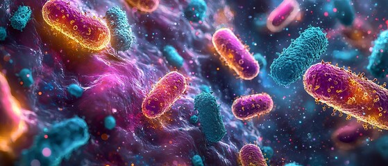 An illustration of the spread of bacteria within human cells, with detailed views of cellular interactions and their effects on medical research