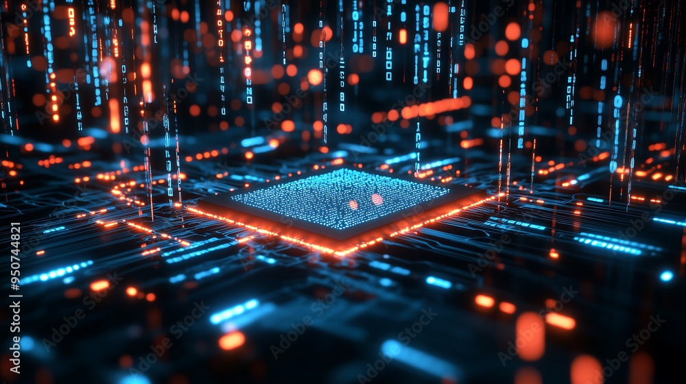 Poster glowing microchip with digital data streams vibrant blue and orange lights advanced technology futur