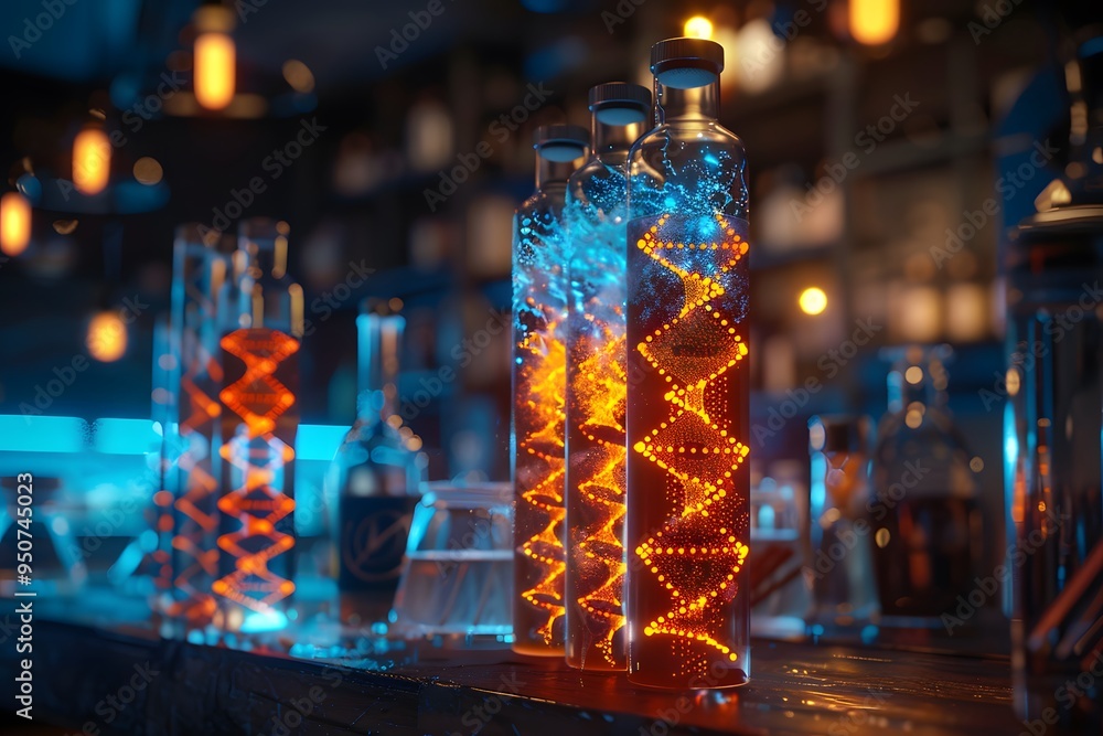 Poster enchanting laboratory: illuminated bottles with spiraling lights