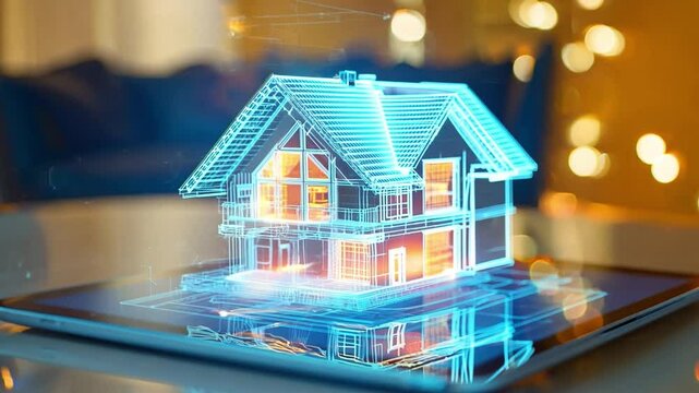 A dynamic digital model of a house appears on a tablet, illustrating advanced real estate visualization features. This innovative technology highlights modern architecture and design. - Powered by Adobe