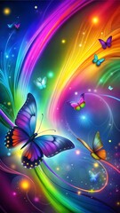 Image of Vibrant butterflies flying around a colorful rainbow in a whimsical garden scene printed on Printed Glass Splashbacks