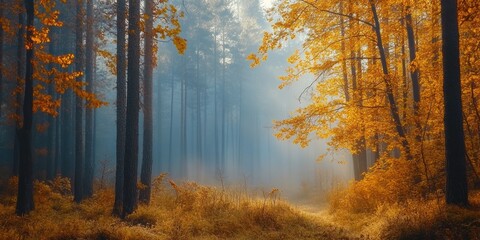 Fototapeta premium Misty Autumn Forest With Tall Trees and Golden Leaves Illuminated by Soft Sunlight
