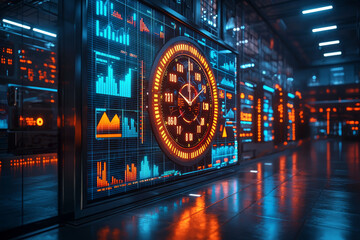 An oversized clock where each hour is replaced by a different statistical graph or piece of information. Concept of time and data integration.