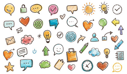 A set of simple multicolored doodles of elements drawn by hand with a marker. Vector illustration highlighted on a white background.