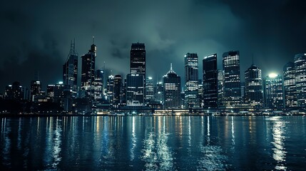 Fototapeta premium Illuminated Skyscrapers Reflecting in Calm Waters at Night