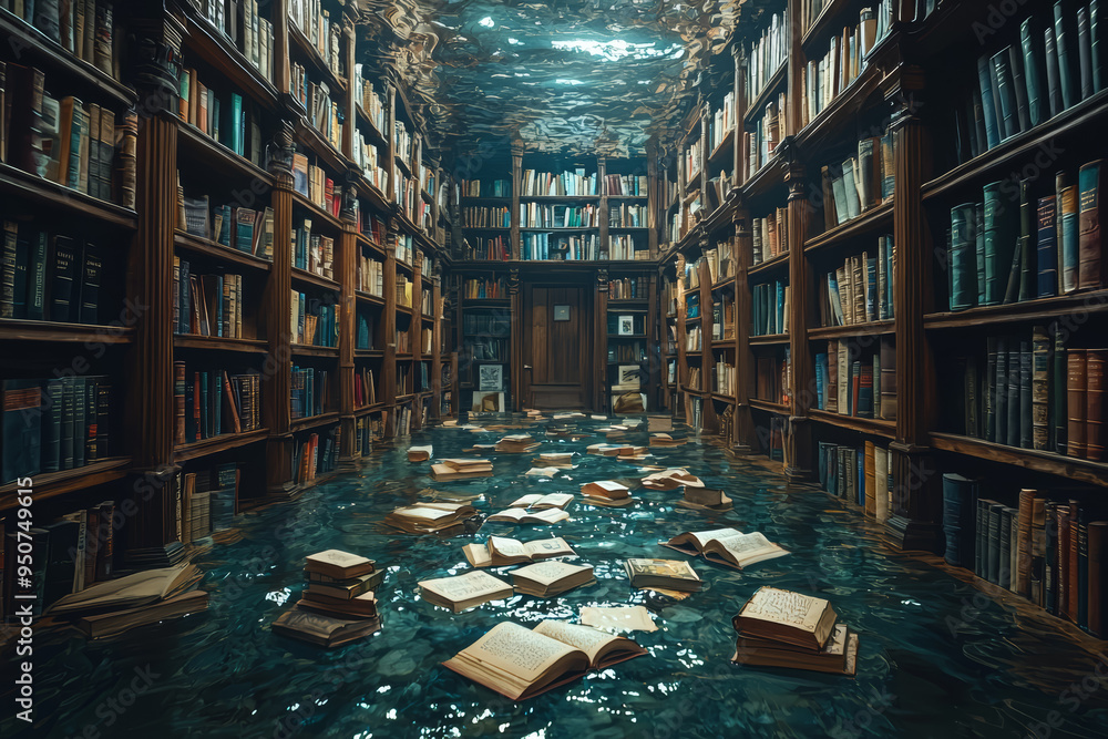 Poster a vast library with floating books and swirling words, illustrating the endless flow of knowledge an