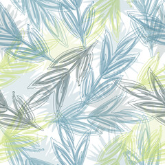 Fototapeta premium Seamless pattern with colored and contour tropical monstera leaves. Nature textile fashion wallpaper print.