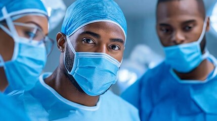 A group of surgeons wearing blue scrubs and masks are standing together. Scene is serious and focused, as the surgeons are likely discussing a patient's condition or preparing for a procedure