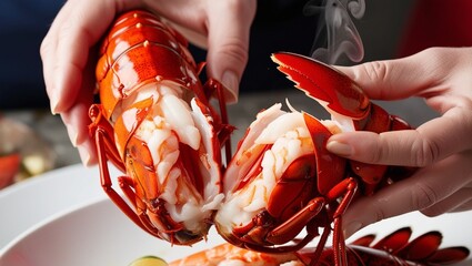 A close-up of hands cracking open a cooked lobster tail, revealing the juicy, tender meat inside. The lobster shell is bright red and the meat looks succulent, with a bit of steam rising. The backg