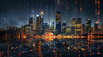 Nighttime cityscape with illuminated skyscrapers and a digital overlay