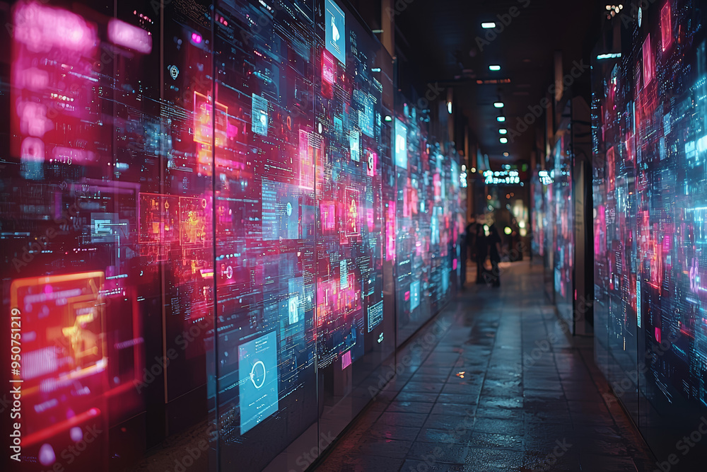 Poster A series of transparent panels with shifting digital data projected onto them, creating a dynamic display. Concept of modern technology and visual data representation.