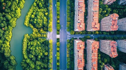 Aerial View of a Divided Cityscape with a River and a Road Intersection