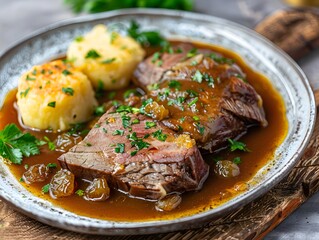 Rhenish Sauerbraten with raisins and potato dumplings