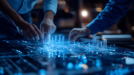 Two hands working on a glowing city model, representing innovation, collaboration, and urban development.