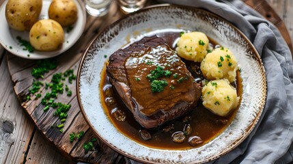 Rhenish Sauerbraten with raisins and potato dumplings