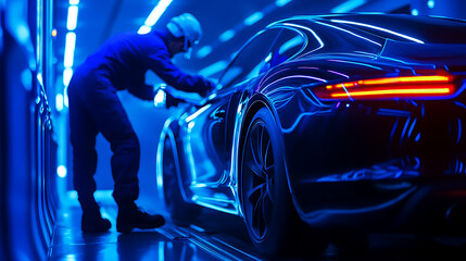 A mechanic inspects a sleek, black sports car in a wind tunnel.  The blue lighting highlights the car's curves and the mechanic's focused expression.