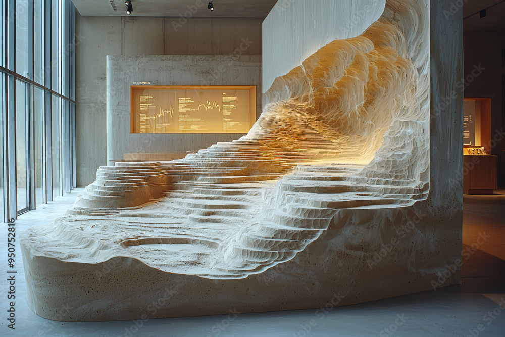 Poster a large, interactive sand sculpture where different sections represent various data points that shif