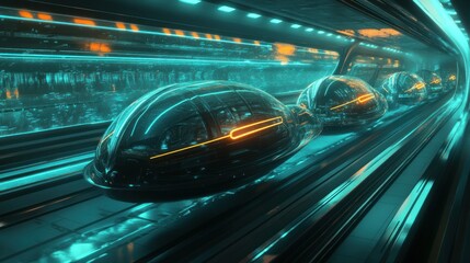 Futuristic Pods Moving on a Glowing Track