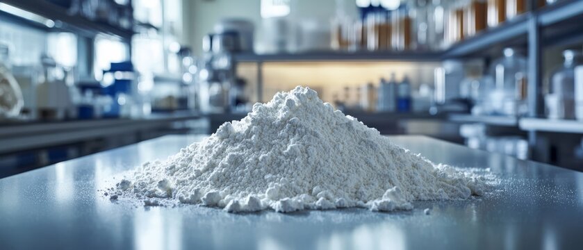 Powdered titanium dioxide on a table in a laboratory