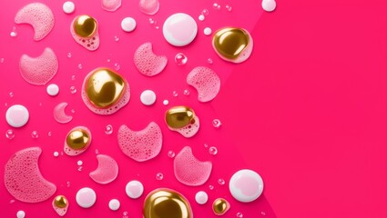 An array of variously shaped and colored droplets on a vibrant pink background