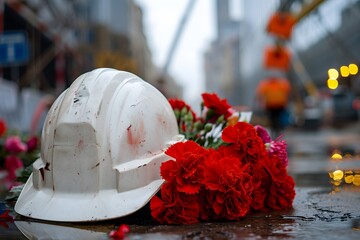 A Symbol of Remembrance: A Hard Hat Surrounded by Red Flowers at a Construction Site