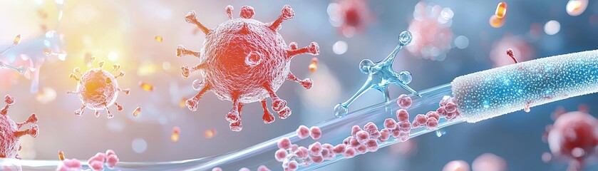 Fototapeta premium A highdetail image of a microorganism interacting with immune cells, showcasing the spread of prions and the immune systems efforts to contain the pathogen