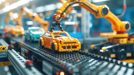 Fototapeta premium Robotic arms meticulously assembling toy cars on conveyor belt in modern factory. image shows precise, automated machinery used in manufacturing smallscale vehicles.