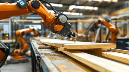 Advanced robotic arms in woodworking studio precisely cutting and shaping wooden boards, emphasizing automation and technology in modern manufacturing processes.