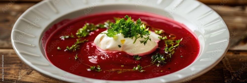 Poster nutritious beetroot soup served hot, topped with a dollop of cream.