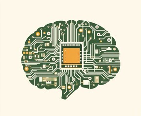 Artistic representation of an artificial intelligence brain with circuitry and microchip, symbolizing modern technology and digital innovation