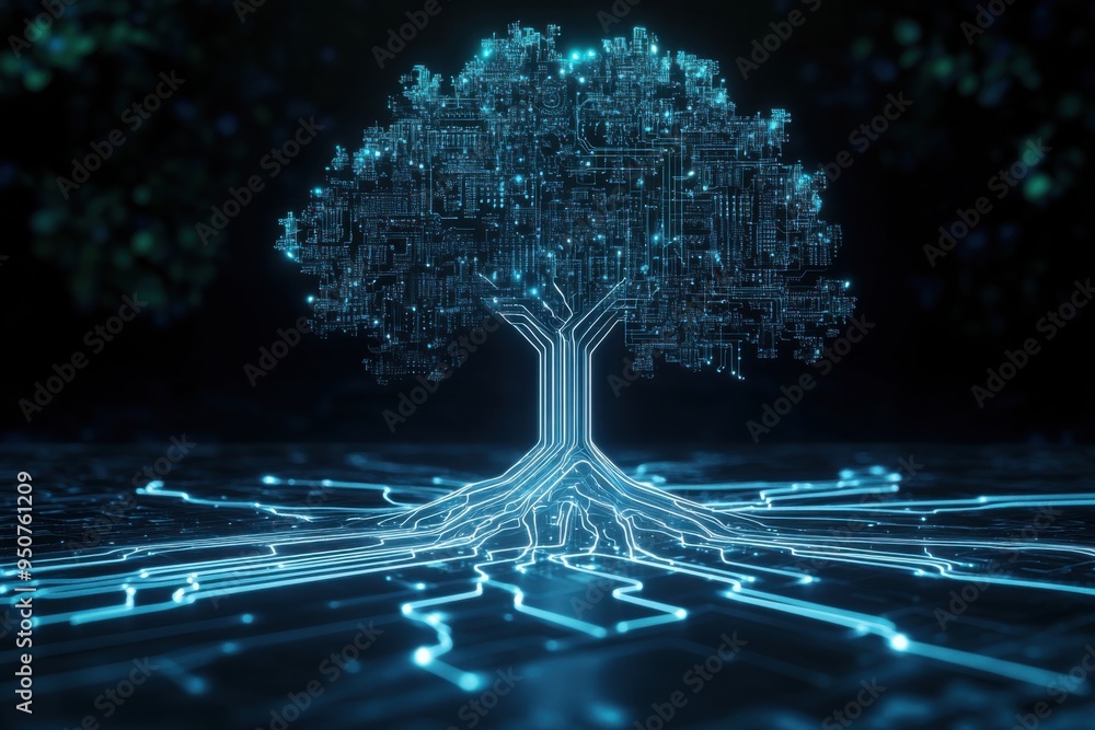 Poster artificial intelligence tree with circuit board connections, symbolizing technology and innovation i