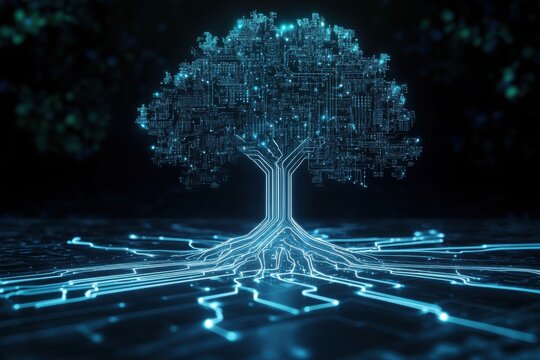 Artificial intelligence tree with circuit board connections, symbolizing technology and innovation in a digital forest landscape
