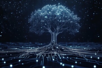 Artificial intelligence tree with glowing circuits symbolizing technology and nature synergy in a digital forest environment under starlit sky